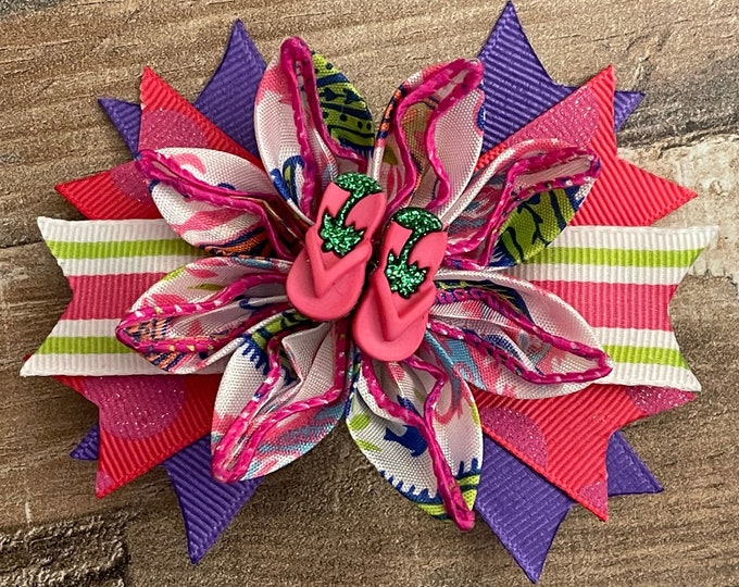 Summer Pink, Green, and Purple Flip Flop Hair Bow, (Choose either Alligator Clip or French Barrette), LUKDesignsBoutique