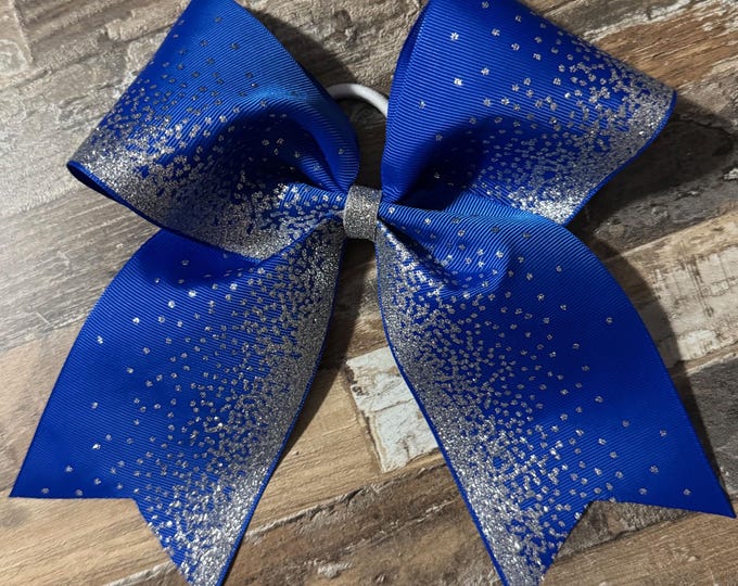 Royal Blue Glitter Sparkle Grosgrain Ribbon Cheer Bow on Elastic Hair Tie, LUKDesignsBoutique