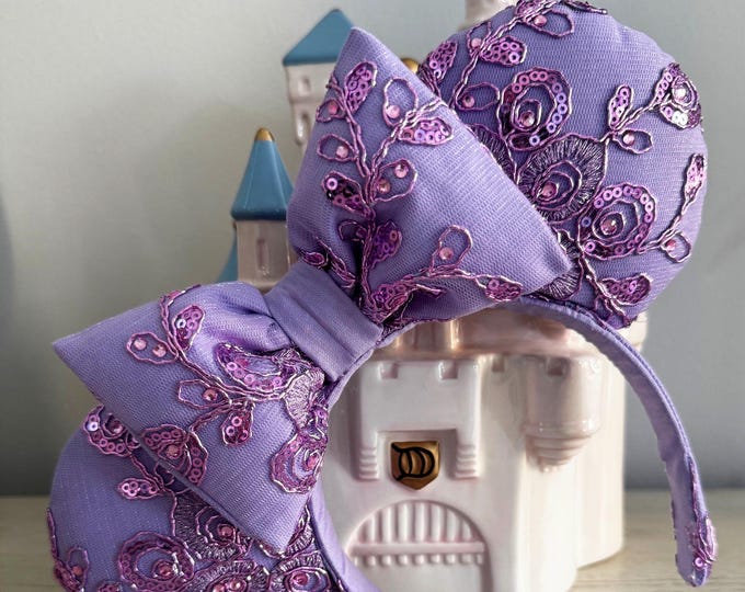 Purple with Mesh Overlay and Elegant Embellished Designs Mickey Minnie Ears Headband, LUKDesignsBoutique