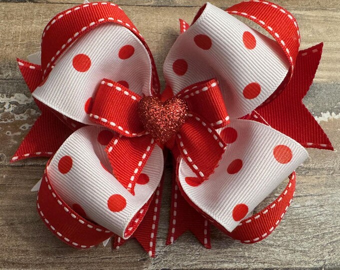 White with Red Polka Dots, Red Accents with white Moon Stitch Trim Grosgrain Boutique Hair Bow, LUKDesignsBoutique