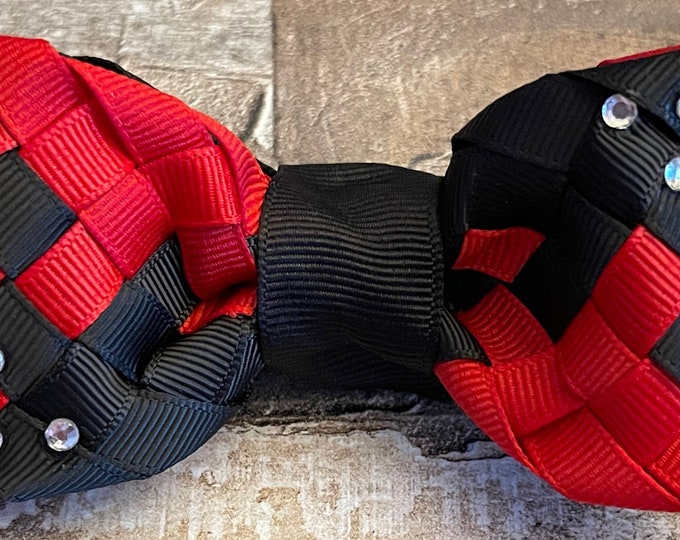 Black and Red Hair Bow, Woven Hair Bow, Spirit Hair Bow, Black and Red Sparkle Hair Bow, LUKDesignsBoutique
