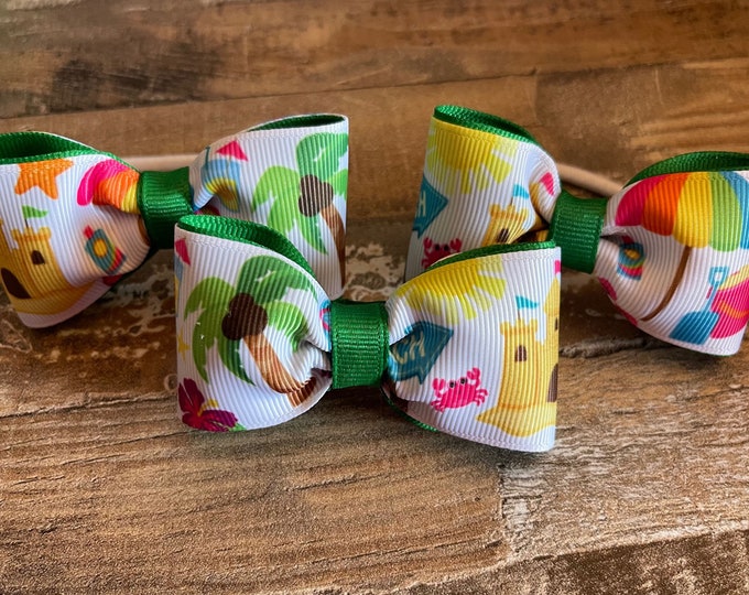 Beach Style Grosgrain Ribbon Hair Bows (Comes as a set of 3), 2 Ponytail Holders and 1 Bow on an Alligator Clip, LUKDesignsBoutique