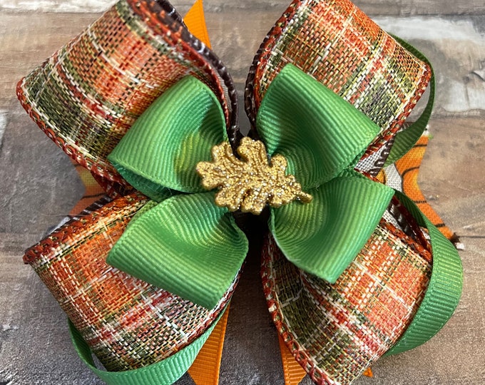 Fall Plaid Green and Orange Hair Bow with Gold Glitter Leaf on a French Barrette, LUKDesignsBoutique