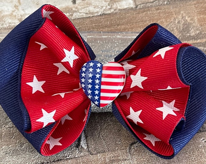 4th of July Hair Bow, Patriotic Heart and Stars Hair Bow, Independence Day Bow, Red White and Blue Barrette, LUKDesignsBoutique