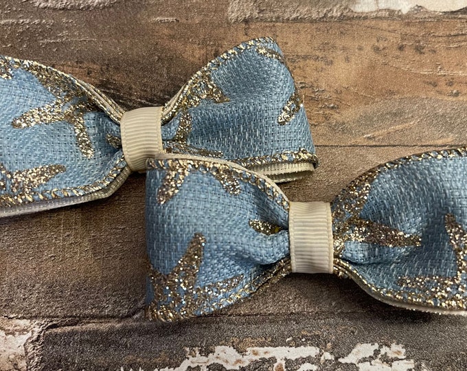 Blue, Gold, and Ivory Seastar Beach Hair Bows on alligator clip with teeth (set of 2 bows), LUKDesignsBoutique