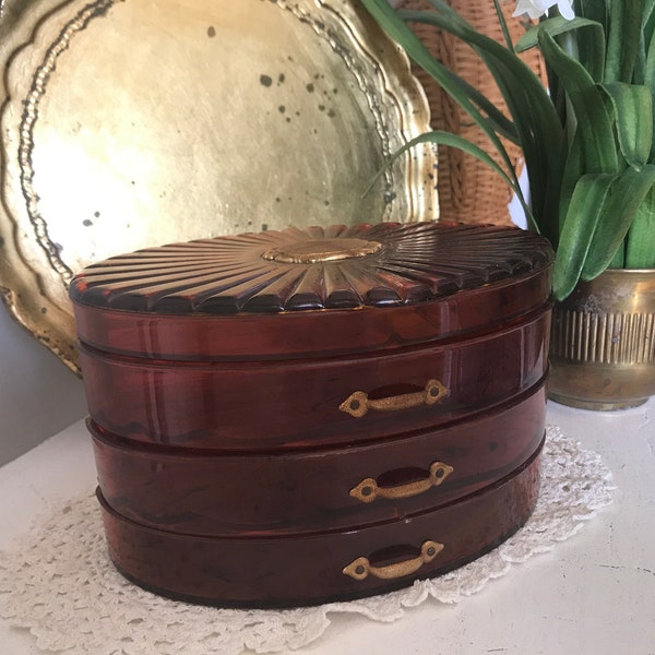 Vintage Rialto Jewelry Box - Brown Tortoise Shell Lucite Jewel Box w/4 Tiers - Swivel Jewelry Storage Box - Retro Jewel Box w/Swivel Drawers