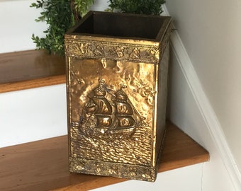 Brass Repousse Wastebasket Trashcan - Vintage Brass Repousse Bin- Spanish Galleon- Brass Kindling Bin- Vintage Brass Nautical Cape Cod Decor