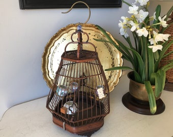 Antique Bamboo Bird Cage - Asian Bamboo Bird Cage w/Porcelain Bowls - Chinese Hanging Bird Cage w/Accessories - Wood Bird Cage - Home Decor