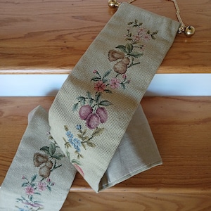 Needlepoint Tapestry Bell Pull - Embroidered Bell Pull - Vintage 70&quot; Handmade Needlepoint Bell Pull w/Brass Rod - Wall Decor - Wall Hanging