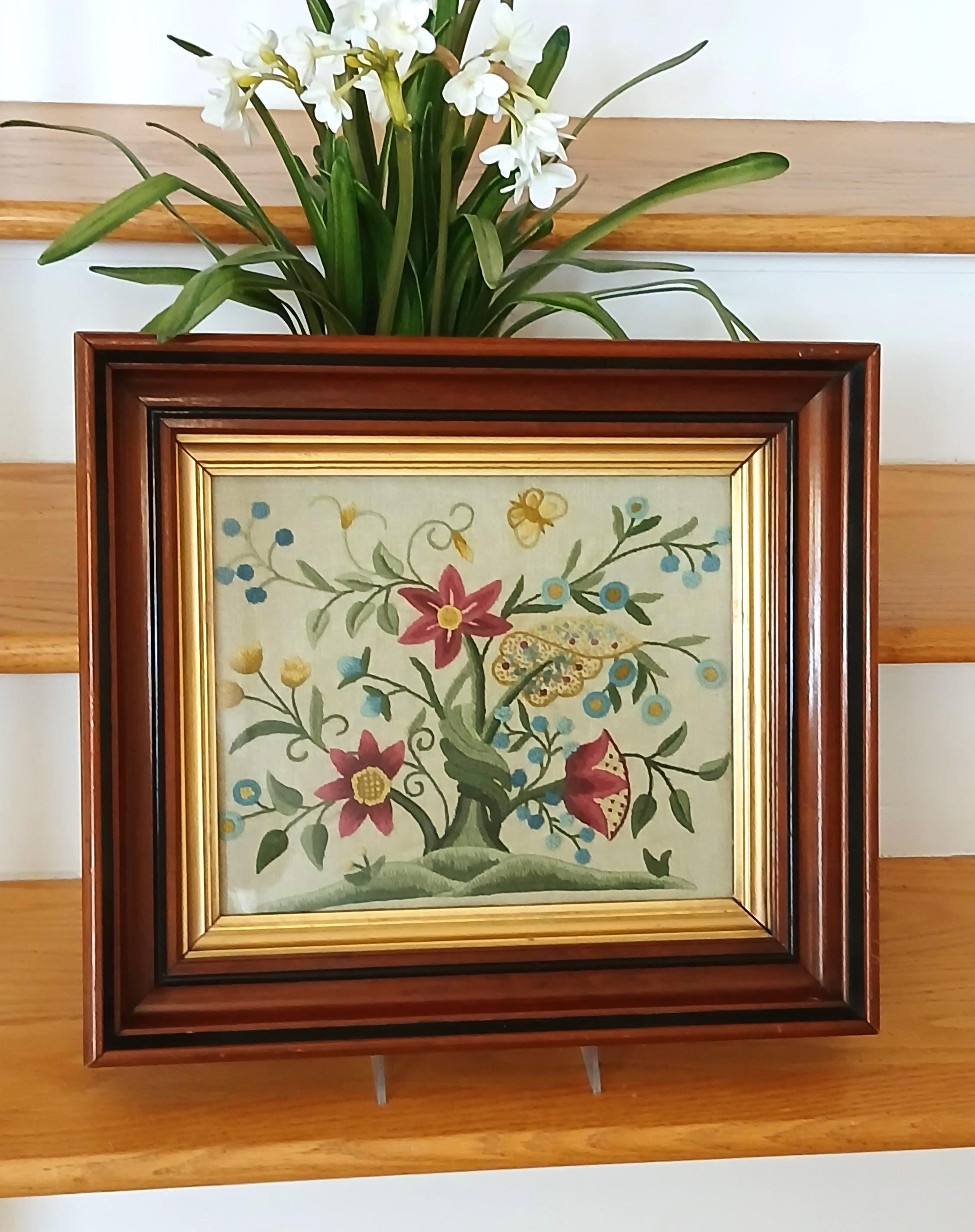 VTG Jacobean Crewel Embroidery Tree of Life in Antique Victorian Eastlake Frame - Crewel Embroidery Wall Art - Framed Jacobean Style Crewel