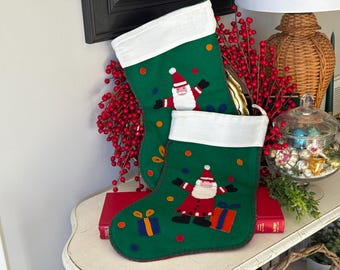 VTG Pair Green Felted Wool Santa Stockings - 100% Felted Wool Santa Christmas Stockings - VTG Green Felt Applique Christmas Stockings-Decor