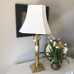 Vintage Brass Ram Head Lamp with Shade - Vintage Brass Fluted Column Lamp - Brass Rams Head Table Lamp - Brass Ram Decor *Ships FedEx*