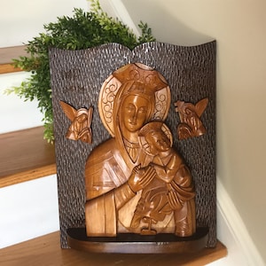 Vintage Wood Carved Religious Icon Plaque - Wooden Virgin Mary & Child Icon Wall Plaque- Religious Icon Wall Hanging- Virgin Mary Wall Decor