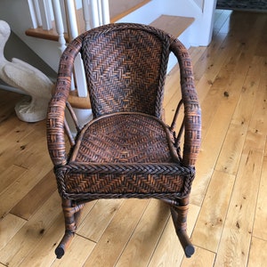 Childs Woven Wicker Rattan Chair - Vintage Toddler Rocking Chair - Burnt Bamboo Style - Kids Furniture - Wicker Rocking Chair - Photo Prop