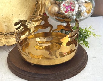 VTG Brass Reindeer Pillar Candleholder - Reticulated Brass Reindeer Centerpiece - Vintage Brass Display Riser - Christmas Brass Plant Holder