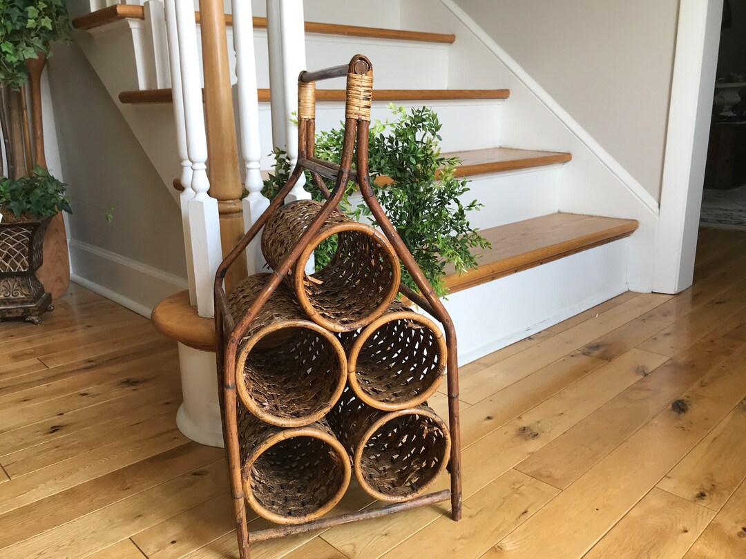 Vintage Wicker Rattan & Bamboo Wine Holder Rack Wine Storage Vintage