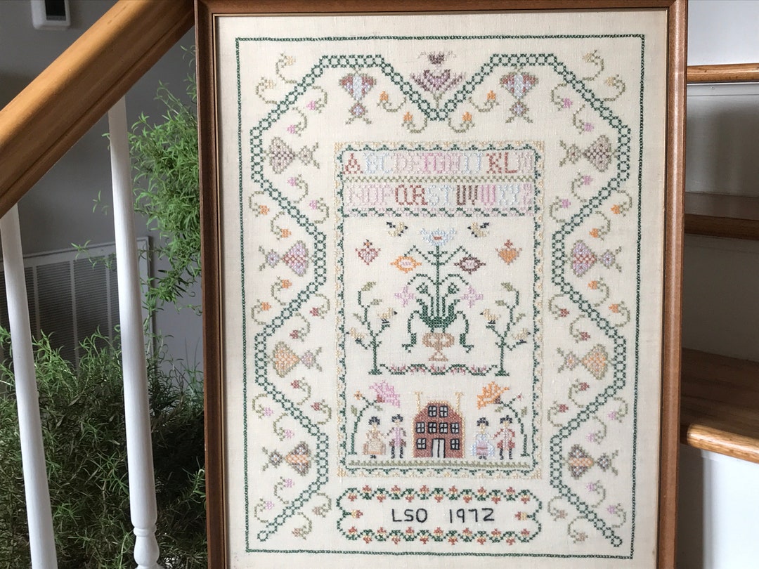 Large Cross Stitch Sampler Framed Vintage Linen Cross Stitch Sampler ...