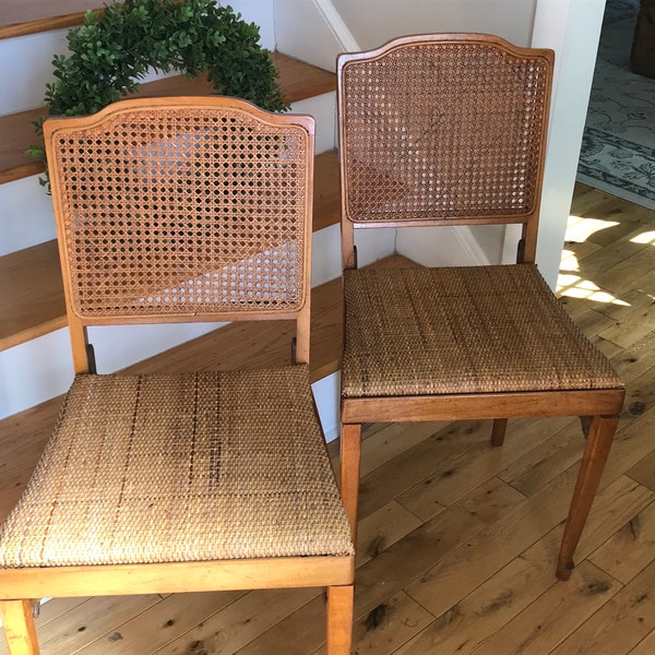 Pair Vintage Folding Chairs - Cane Back Folding Chairs - Folding Caned Chairs - LEG-O-MATIC Chairs - Pair Vintage MCM Folding Cane Chair