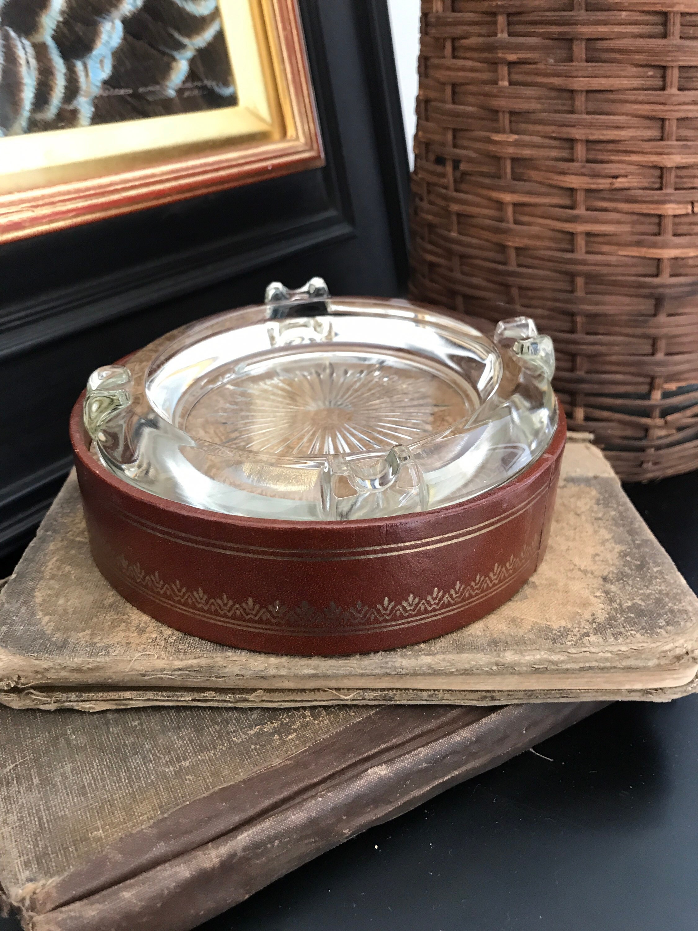 Leather & Glass Ashtray Vintage Glass Insert Ashtray Etsy