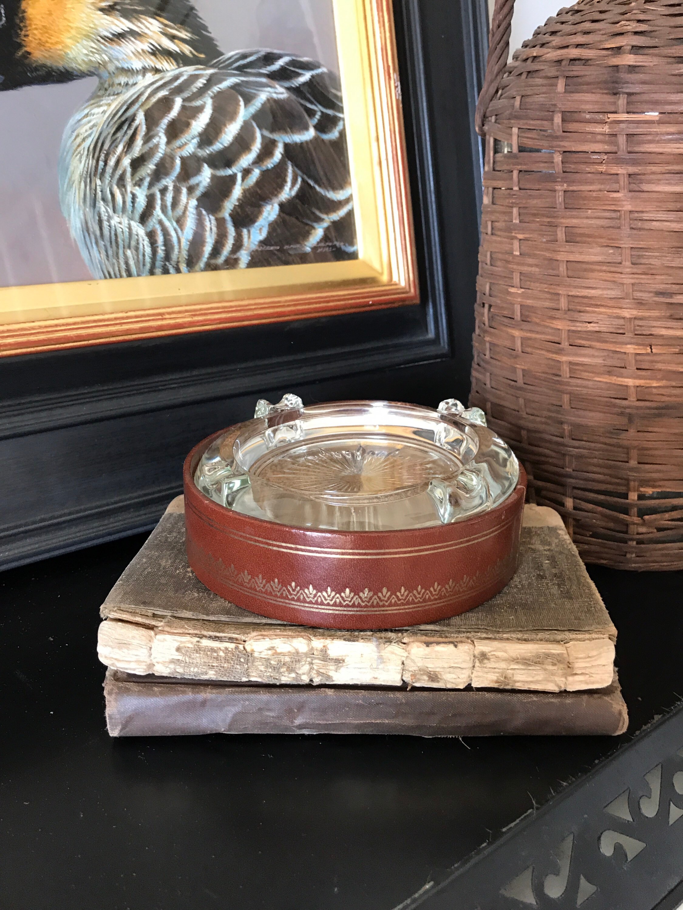 Leather & Glass Ashtray Vintage Glass Insert Ashtray Etsy