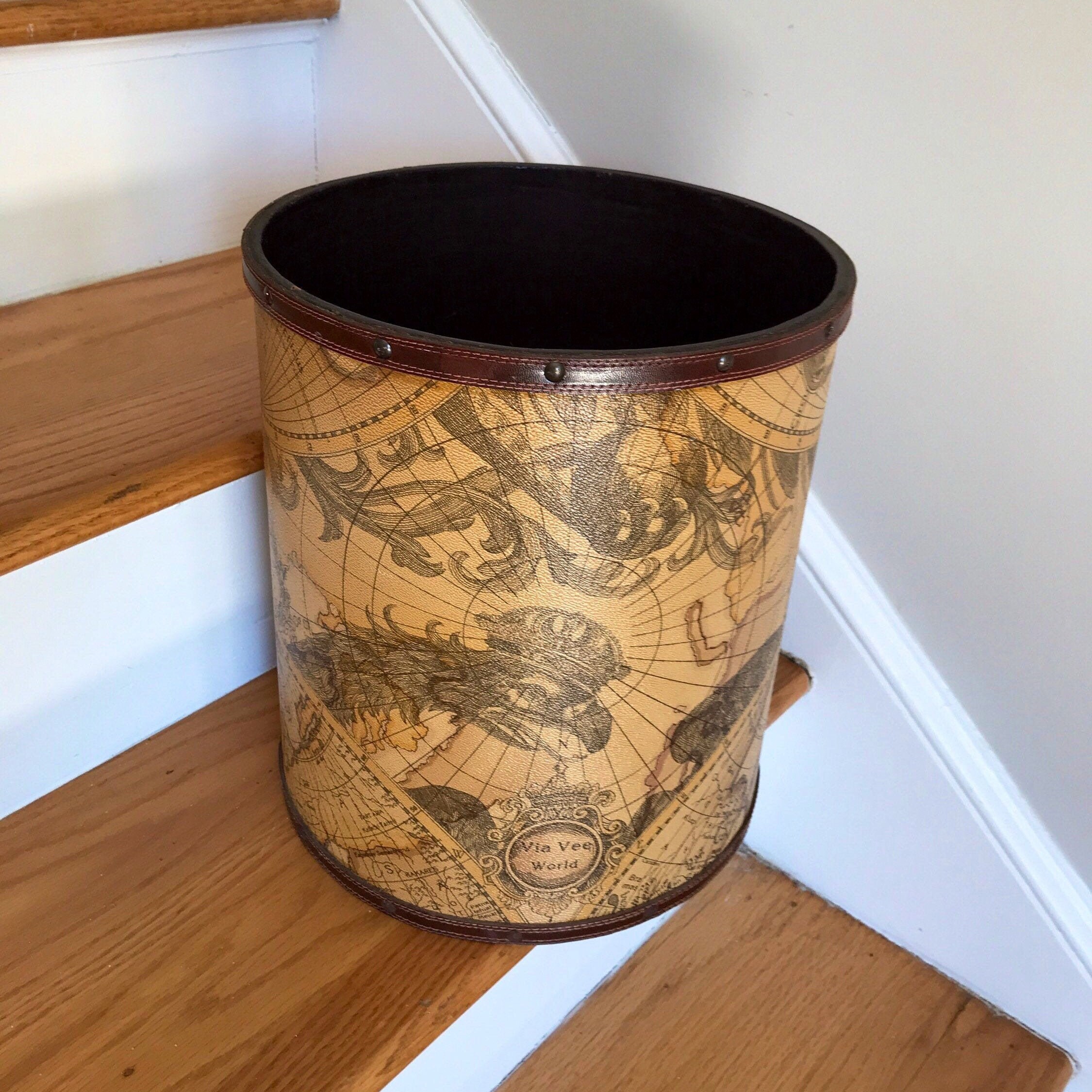 Map Motif Wastebasket Vintage Wastebasket w/Leather & Nail Etsy