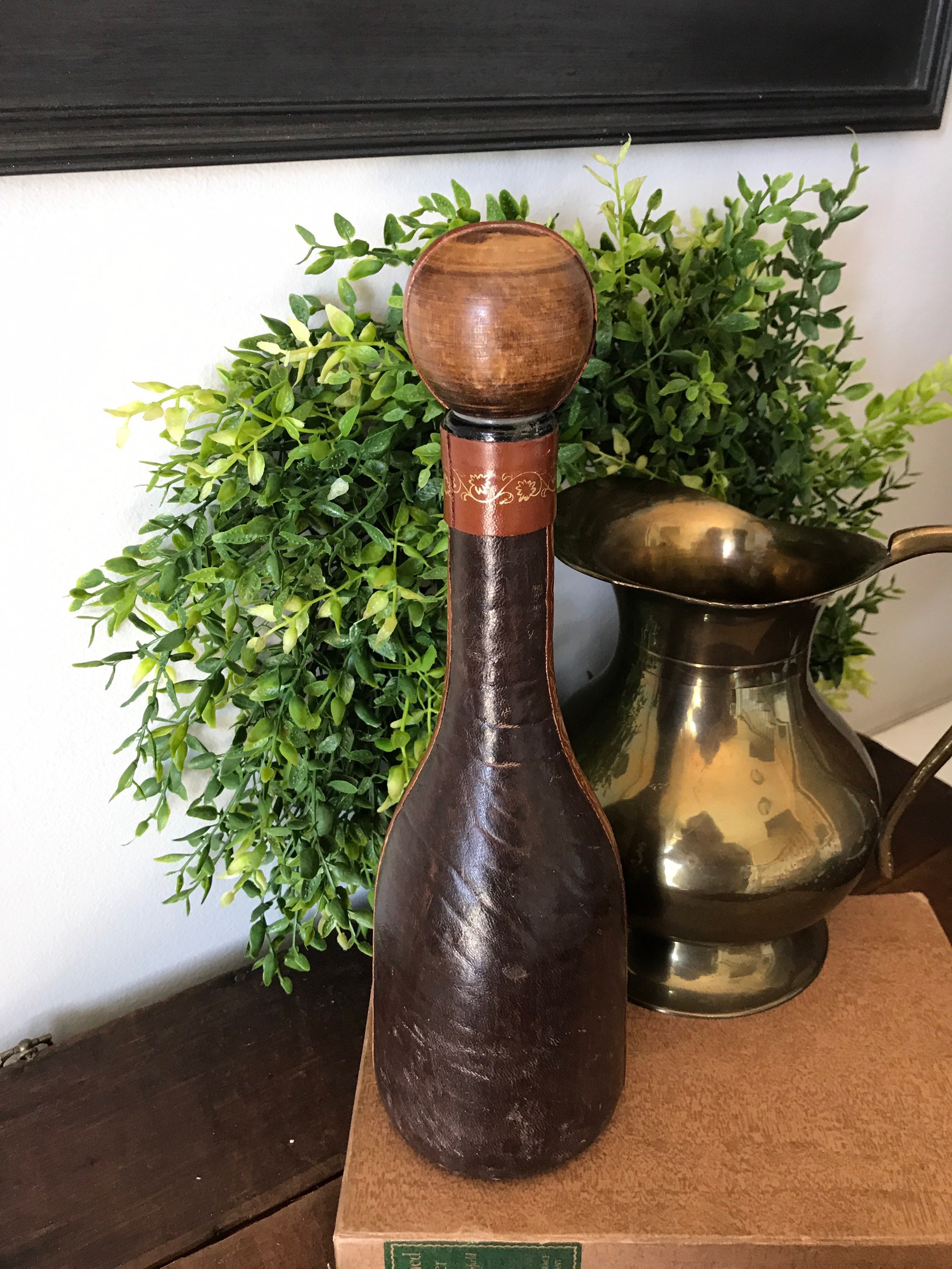 Leather Wine Decanter Vintage Leather Wrapped Decanter Old Etsy