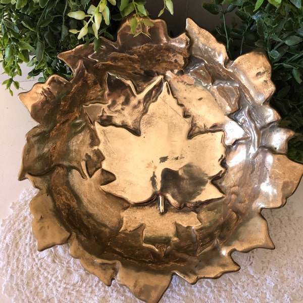 Vintage Solid Brass Bowl - Brass Maple Leaf Dish - Coffee Table Bowl - Italy Brass Bowl - Centerpiece - Catchall Dish - Home Accent Decor