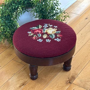Antique Needlepoint Stool - Vintage Round Needlepoint Footstool - Floral Needlepoint Stool - VTG Footrest - Cushioned Footrest Stool - Decor