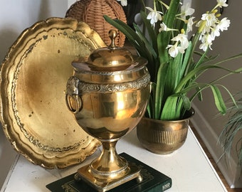Brass Trophy Urn - Vintage Mottahedeh Lidded Trophy Urn - Brass Pedestal Urn with Lionhead Ring Handles - Vintage Trophy Urn Vase - Decor