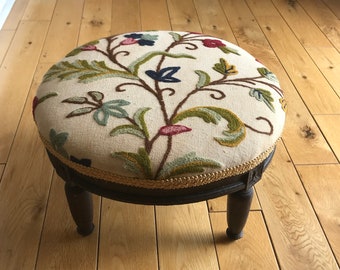 Needlework Footstool - Antique Footstool - Footrest Stool - Crewel Embroidery Cushion Stool - Vintage Crewel Work - Tapestry Footstool-Decor