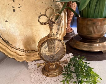 VTG Ormolu Filigree Perfume Bottle - Gilt Metal Filigree & Glass Perfume Bottle - French Style Ornate Perfume Bottle w/Dauber - Vanity Decor