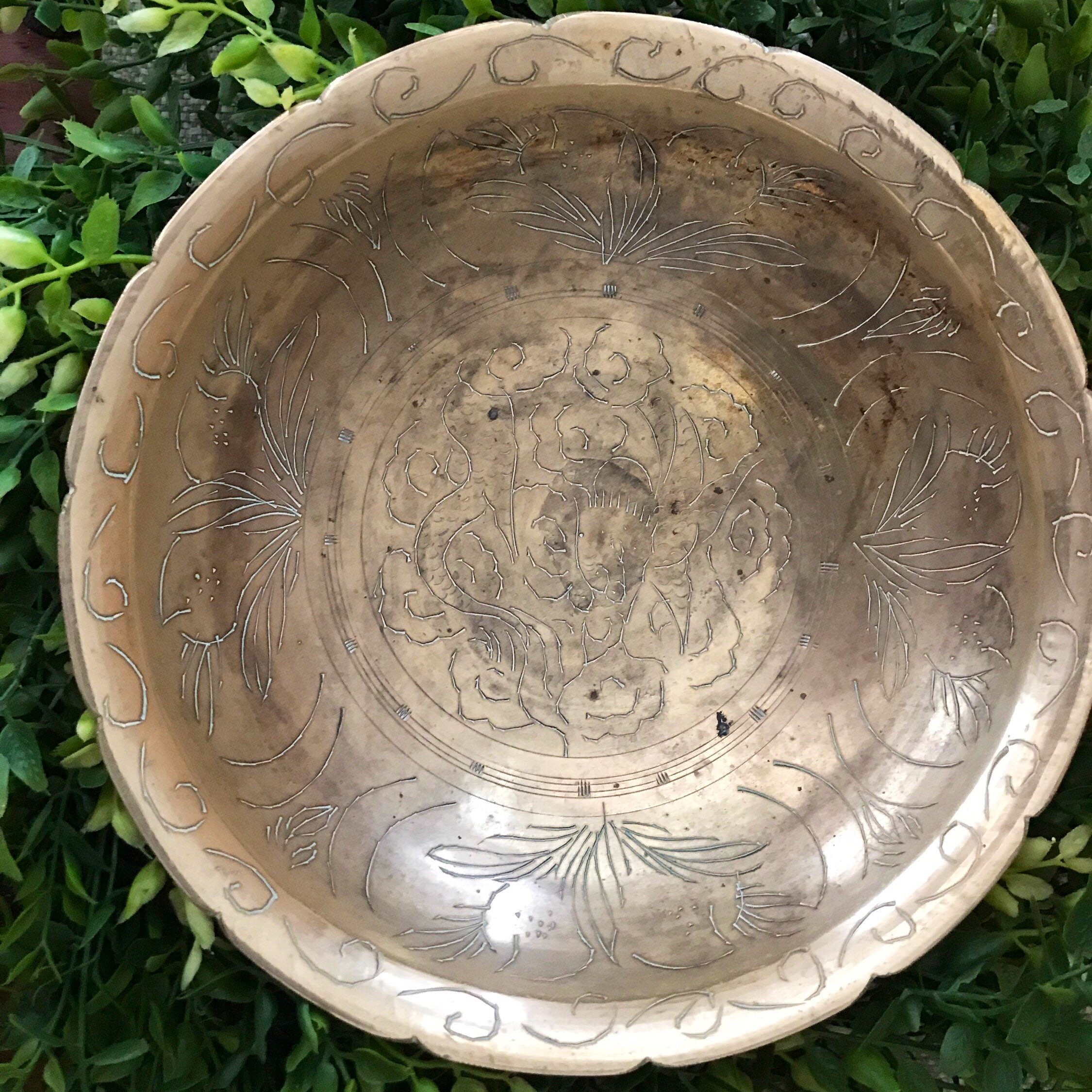 Brass Etched Bowl Vintage Brass Pedestal Bowl 8.5 Etsy
