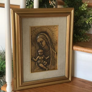 Giltwood Frame Madonna & Child - Framed Repousse Madonna - Brass Repousse Madonna and Child Wall Decor - Vintage Religious Icon Art - Decor
