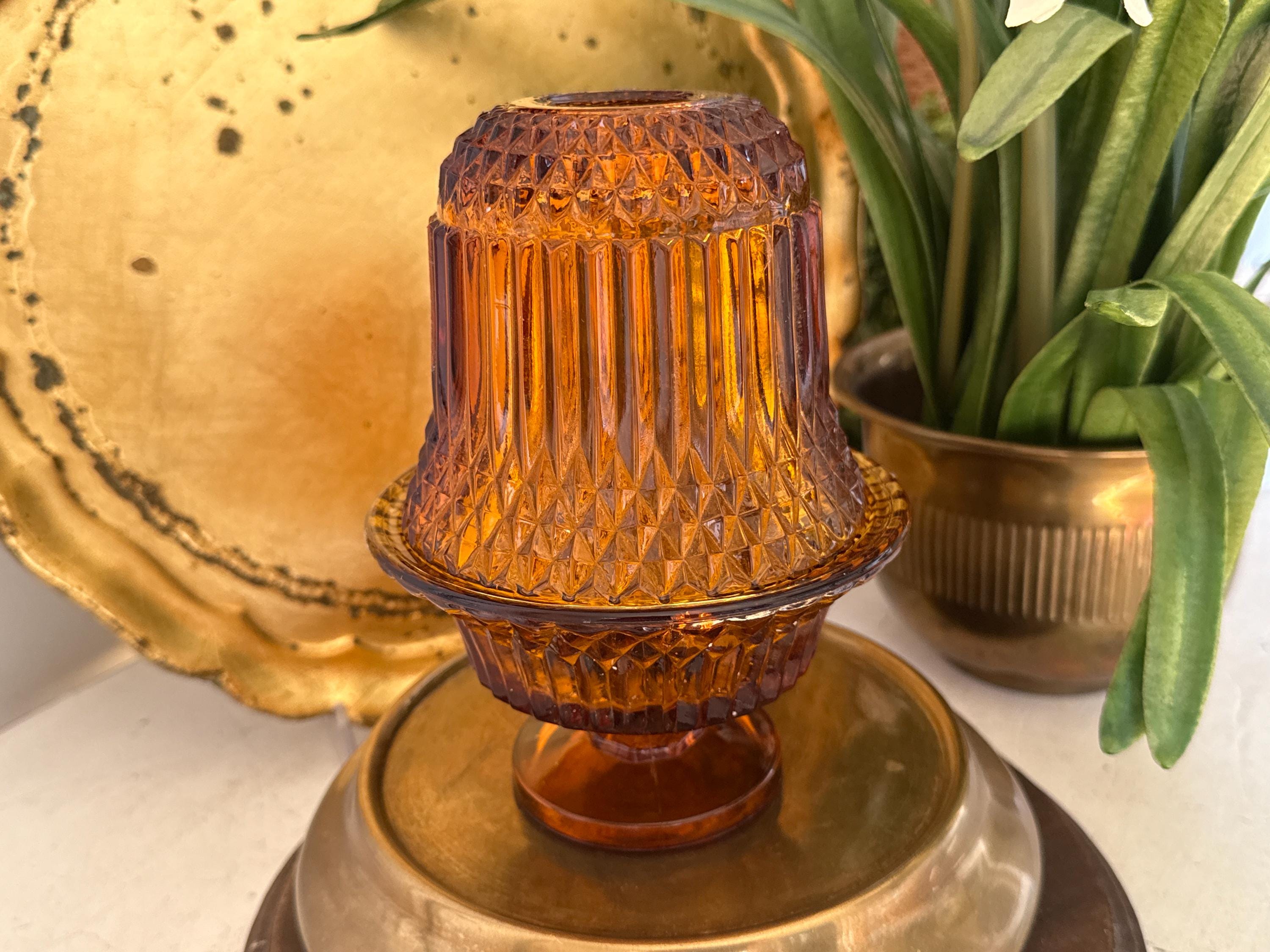 VTG Amber Glass Fairy Lamp - Indiana Glass Diamond Point Amber