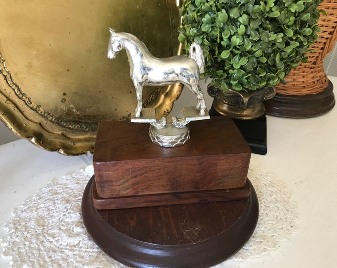 Vintage Horse Trophy W/ Silver Look Horse on Wood Base Vintage Horse