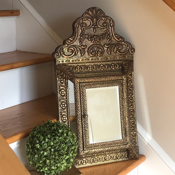 Vintage Brass Cushion Mirror - Repousse Brass Cushion Mirror - Antique Cushion Mirror Cabinet - Ornate Mirrored Wall Cabinet-Entryway Decor