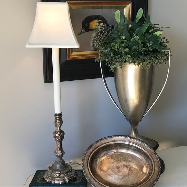 Vintage Silverplate Lamp - Vintage Silverplated Candlestick Lamp with Shade - Silverplate Buffet Lamp - Accent/Table Lamp- Home Accent Decor