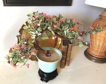 Vintage Jade Glass Bonsai Tree - Celadon Pot w/Floral Oriental Decor - Large 22" VTG Jade Floral Bonsai Tree - VTG Chinoiserie - Home Decor