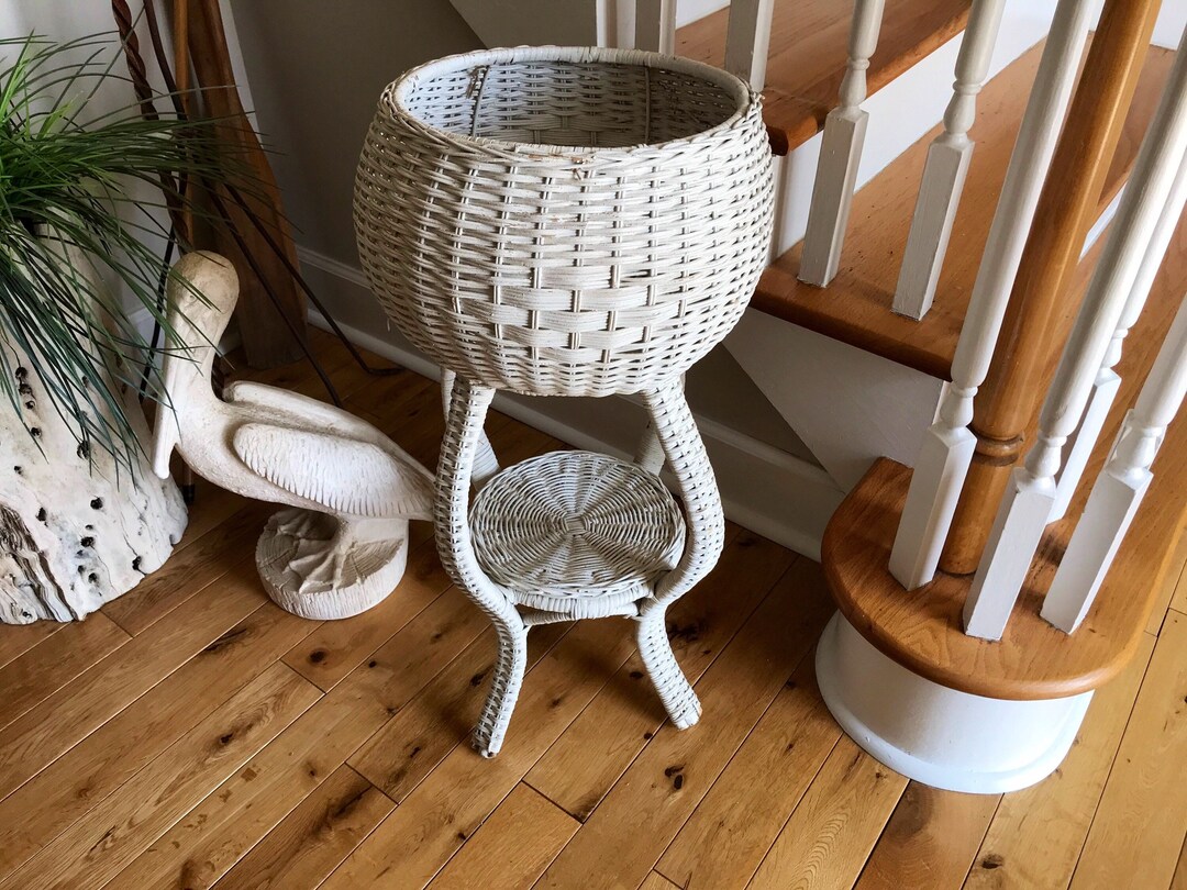 White Wicker Plant Stand With Shelf Vintage White Wicker Etsy