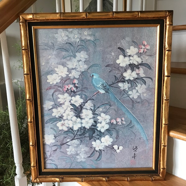 Bird of Paradise Chinoiserie Framed Art - Gilded Bamboo Frame Chinoiserie Art - Vintage Asian Bird Print- Gold Faux Bamboo Frame Print-Decor