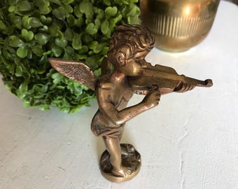 Vintage Brass Cherub - Brass Cherub Angel Statuette - Brass Cherub Figurine - Brass Angel Figurine - Music Cherub - Home Accent Decor