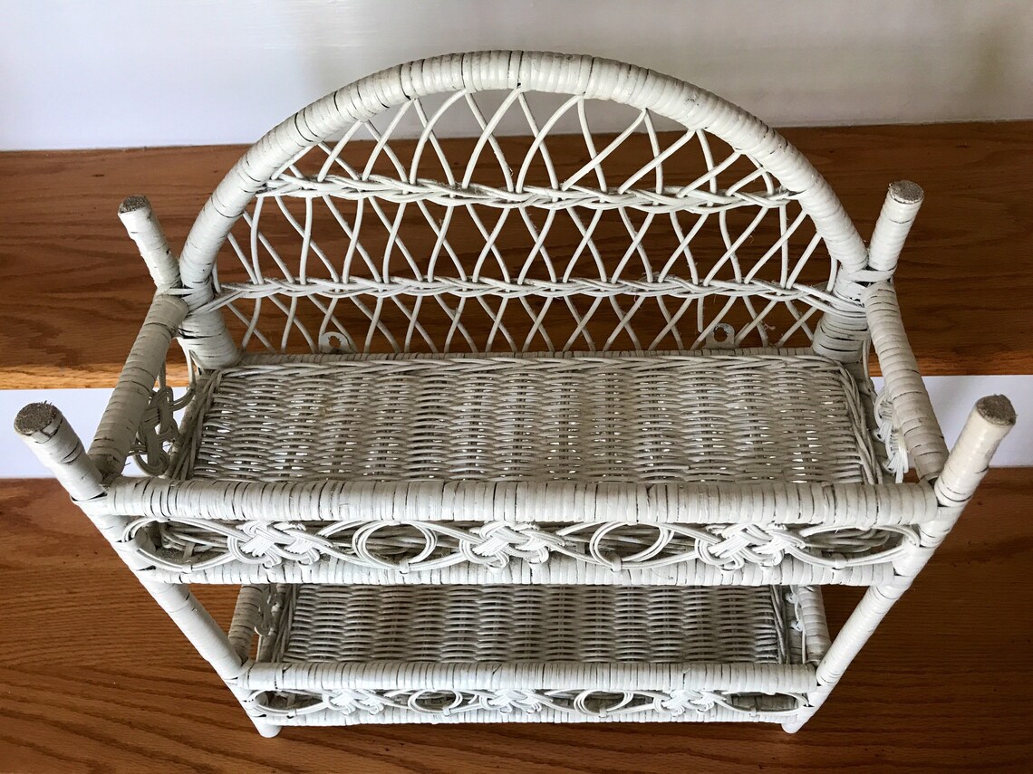 White Wicker 2Tier Shelf Vintage White Wicker Wall Etsy