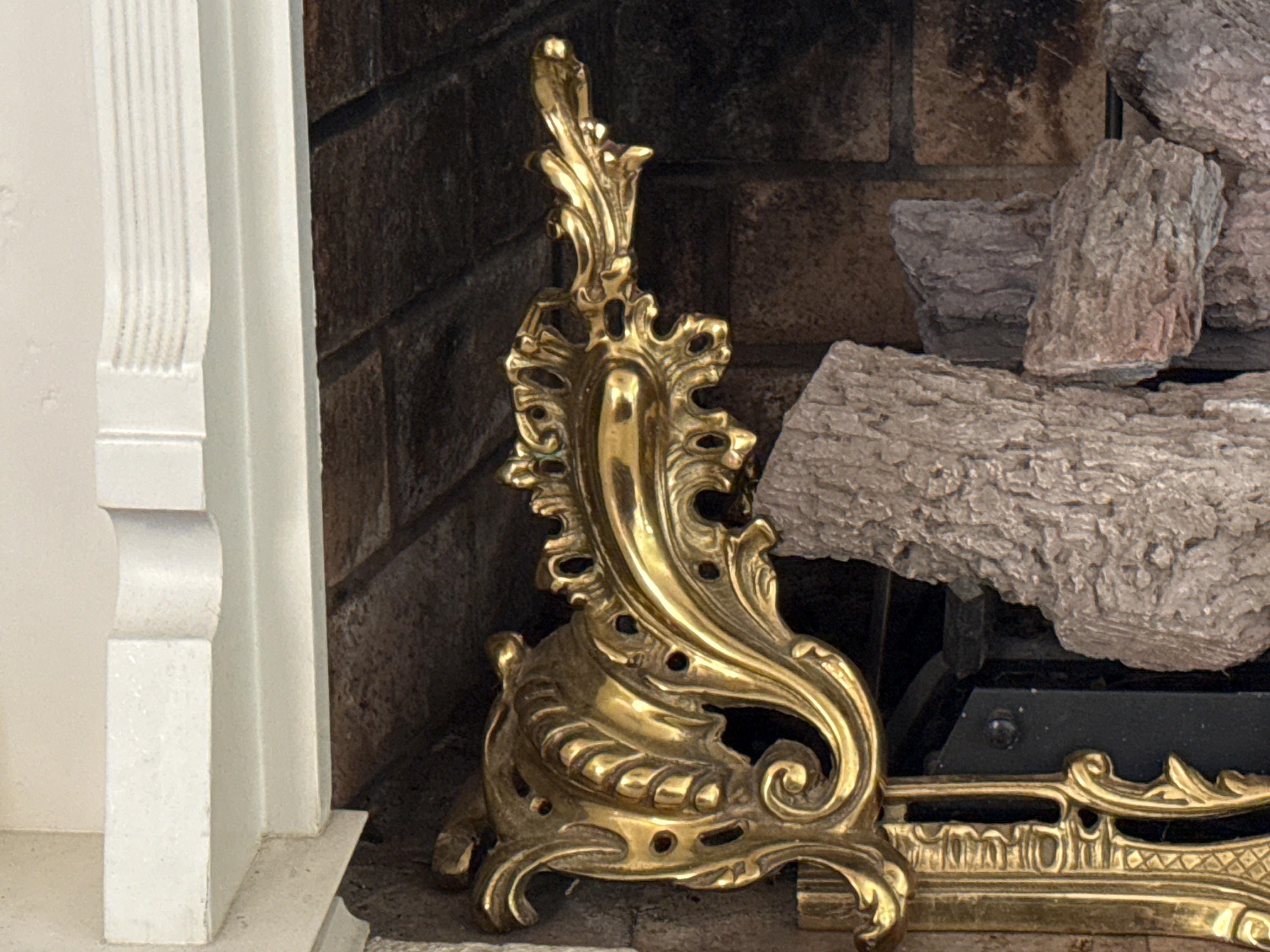 VTG Brass Fireplace Andirons W/fender Set - Ornate Solid Brass Andirons ...