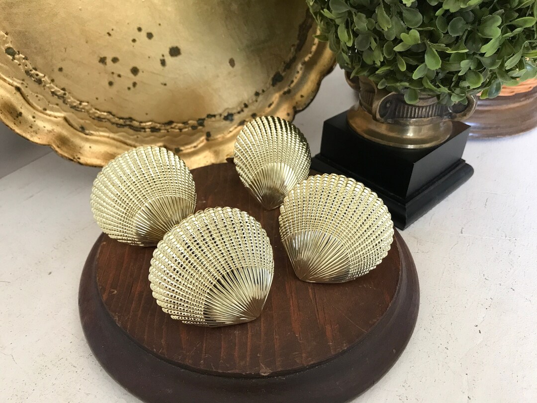 Golden Seashell Napkin Ring Set of 4 Vintage Gold Tone Etsy