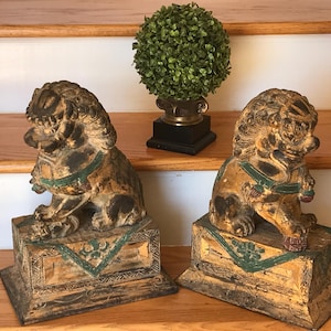 Vintage Wood Carved Foo Dogs - Pair Antique Giltwood Fu Dogs - 14" Chinese Carved Guardian Lions - Statues/Sculptures - Chinoiserie Decor