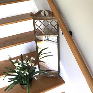 Vintage Narrow Georgian Style Wood Mirror - Pediment Style Mirror - Vintage Gold Lattice Top Trumeau Mirror- Gallery Wall Mirror-SHIPS FedEx