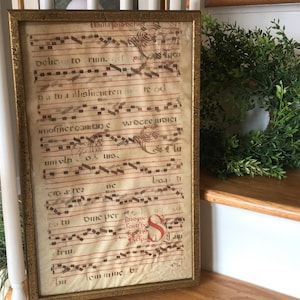 Antique Antiphonary Sheepskin Music - Antique Framed Liturgical Leaf- Framed Sacred Music Sheet -Antique Scriptorium Sheepskin - Wall Decor