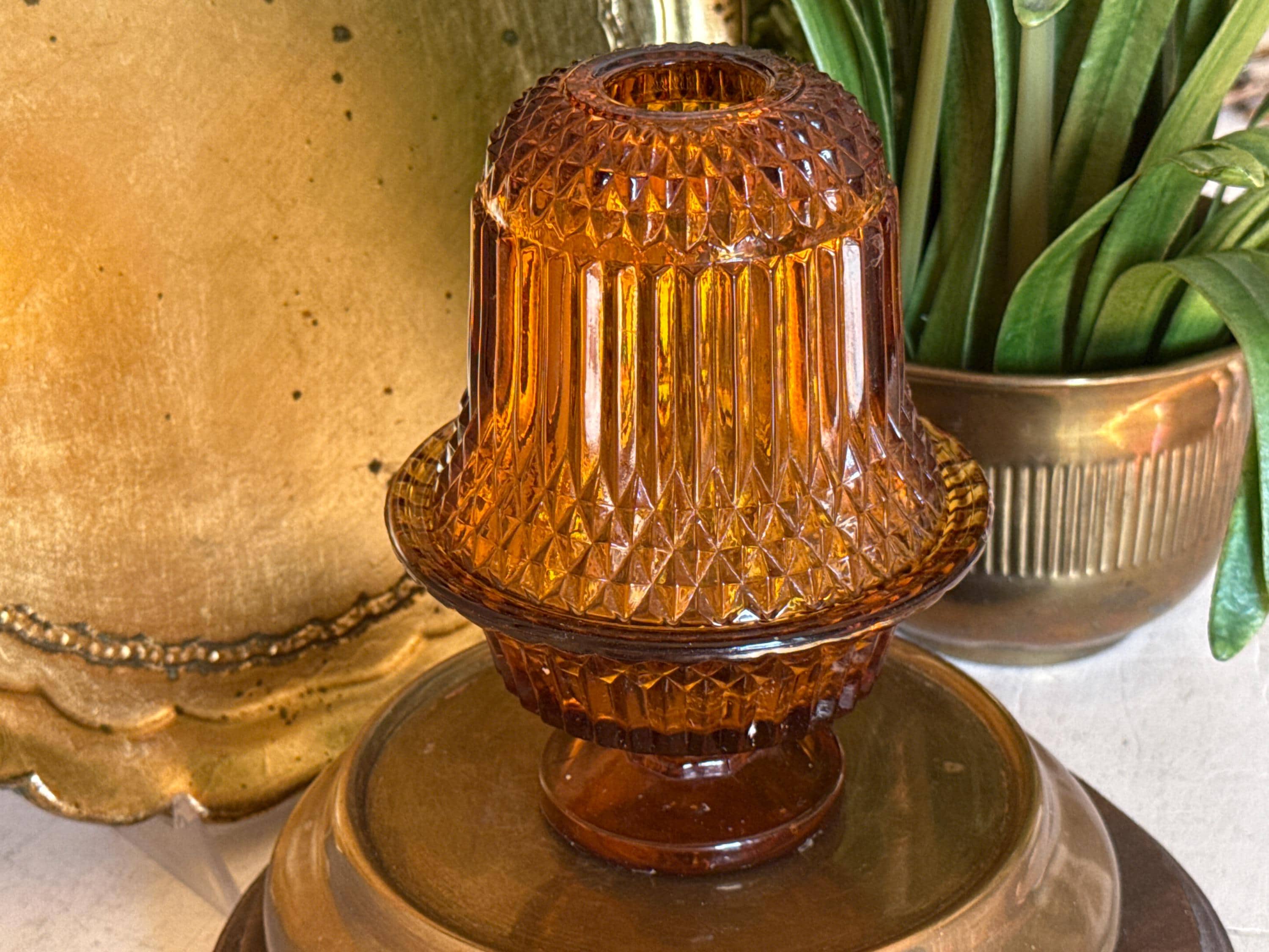 VTG Amber Glass Fairy Lamp - Indiana Glass Diamond Point Amber