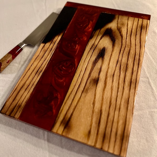 Charcuterie Board, Charred Red Oak, Marbled Scarlet Resin, Charred Red Oak Board, Rose Swirled Resin