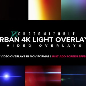 Könnte beinhalten: Eine Sammlung von 15 anpassbaren urbanen 4K-Lichteffekten im MOV-Format. Die Overlays bieten verschiedene Lichteffekte, darunter Linsenreflexe, Leuchten und Streifen.  Fügen Sie einfach einen Bildschirm-Effekt zu Ihrem Video hinzu.